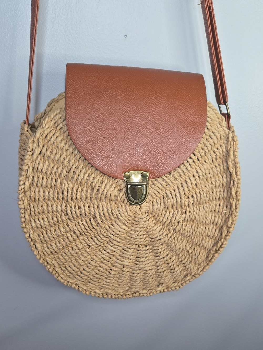 Women's Woven Canteen Crossbody Bag with Tan Faux Leather Flap and Strap